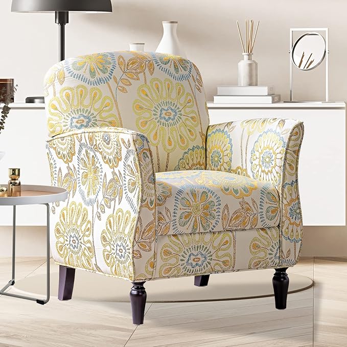 Wingback Chair Floral Club Chair Accent Living Room Chairs Fabric Pattern Retro Casual Recessed Armchair Accent Chairs Tufted Single Sofa Chair(Beige+Yellow + Fabric)