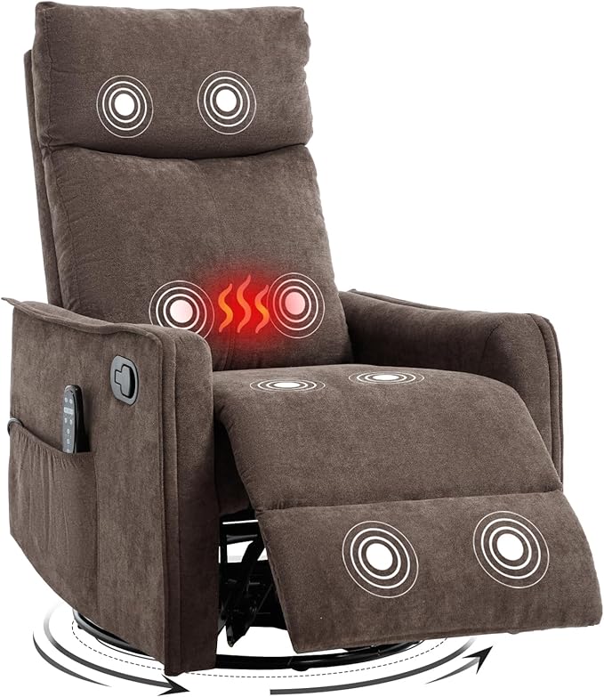 Swivel Rocker Recliner Chair 360° Swivel Recliner with Heat and Massage Rocker Recliner Easy to Clean Nursery Glider Recliner Chair with Side Pockets for Living Room Brown