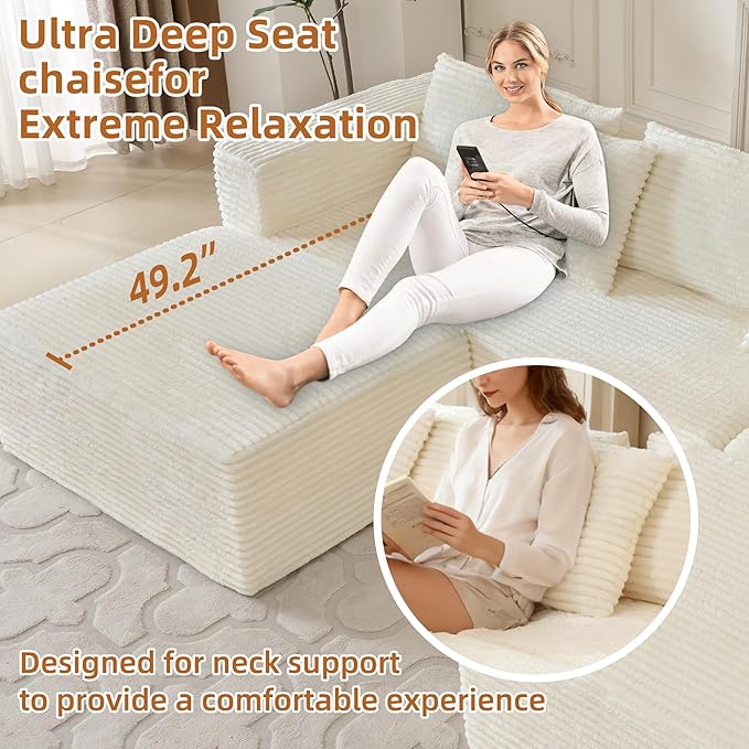 110 Modular Sectional Boneless Sofa with 2 Ottomans Corduroy U-Shaped Modular Sectional Sofa Convertible Cloud Couch with Deep Seats No Assembly Required (White 110 3Seat+2 0ttoman)