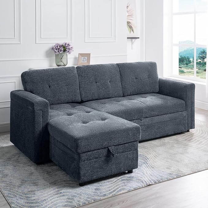 Naomi Home Lily Sectional Sleeper Sofa with USB Ports-M-Shaped Couch Convertible Pull-Out Bed Ample StorageTimeless DesignSturdy ConstructionLong-Lasting for Modern Living - Gray Microfiber