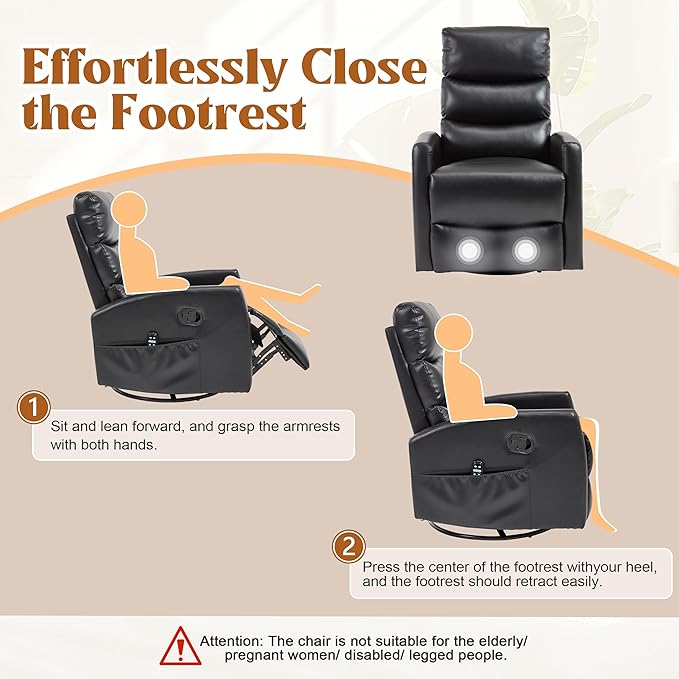 Manual Swivel Rocker Recliner Chair for Adults Overstuffed Reclining Glider Chair for Nursing with Vibration Massage &amp Heat Living Room Rocking Recliner 3-Stage backrest Faux Leather Black