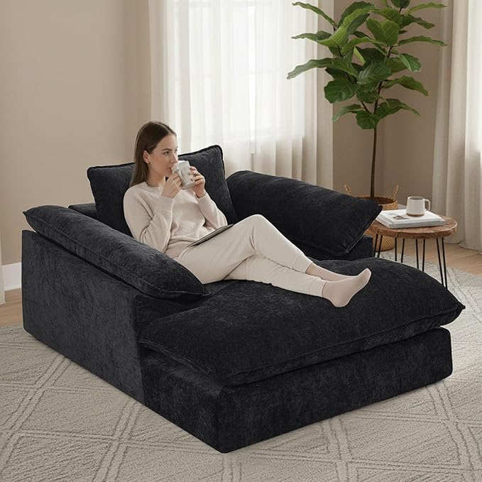 57 Oversized Boneless Chaise Lounge Chair with Ottoman Indoor Comfy Chenille Upholstered Sofa Bed with Armrest No Assembly Deep Seat Sleeper Armchairs Couch for Living Room Bedroom Dark Grey