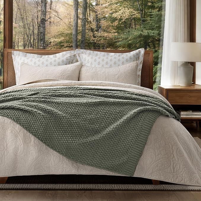 EVERGRACEHOME Chunky Chenille Knit Throw Blanket for Couch Soft Luxurious Moss Stitch Blankets for Bed Cozy Decorative Farmhouse Knitted Throws for Sofa Dried Thyme Green 50 x 60