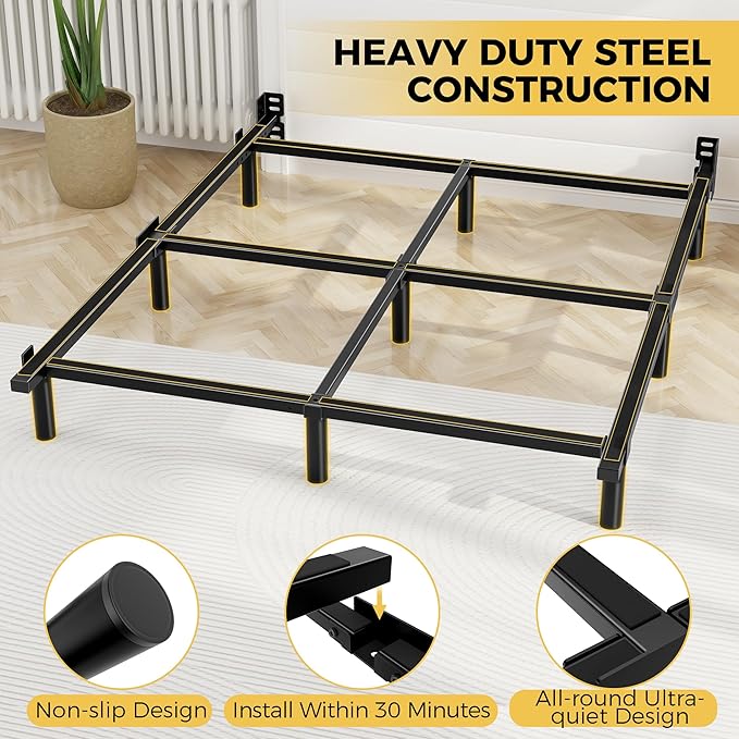 Queen Bed Frame 7 Inch Basics Metal Bed Frame Heavy Duty 9-Leg Base for Box Spring and Mattress Noise-Free Easy Assembly Black