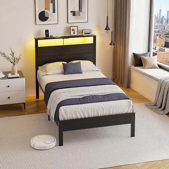 Twin Bed Frame with LED Lights &amp USB Charging Station Black Metal Platform Bed with Storage Headboard Under-Bed Space Noise-Free &amp Sturdy No Box Spring Needed Easy Assembly