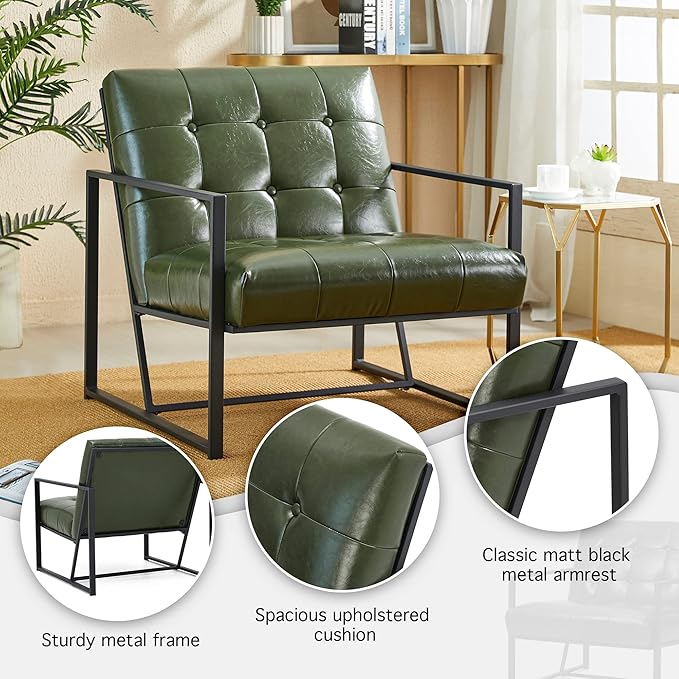 Glitzhome Mid Century Green Accent Chair Modern Living Room Armchairs with Durable Metal FramePU Leather Cushioned Reading Armchairs for Living Room Bedroom Home Office Green