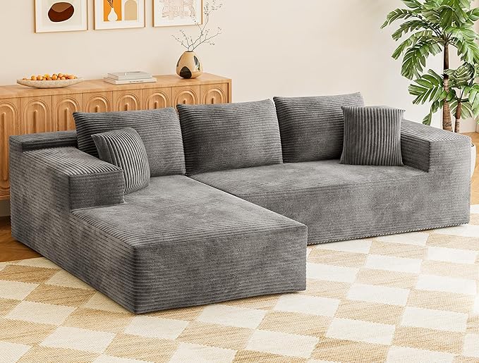 VICTONE 108” Cloud Sectional Couches Boneless Couch Modular L-Shaped Sofa with Deep Seat Modern Comfort Upholstered Sofas for Living Room No Assembly Required (Corduroy Grey)