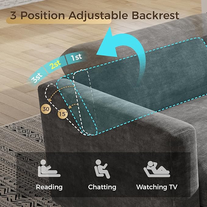 KKL Modular Sectional Couches for Living Room U Shaped Sofa Couch with Adjustable Backrest Chenille 6 Seater Sofa Couch with Convertible Ottoman and Comfy Cushion Grey