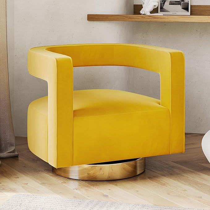 BELLEZE Swivel Barrel Accent Chair Set of 2 Modern Upholstered Arm Comfy Velvet Curved Back Round Chair with Gold Base Wood Frame 360 Degree for Living Room Bedroom OfficeYellow