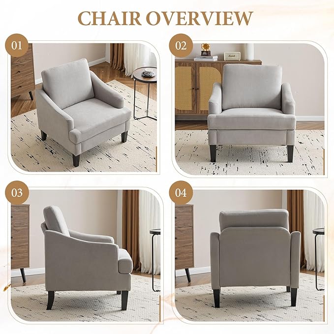 Bezseller Modern Accent Chair Upholstered Reading Armchair with Wood Legs Mid-Century Leisure Comfy Single Sofa Chair for Living Room Bedroom Home Office Light Grey
