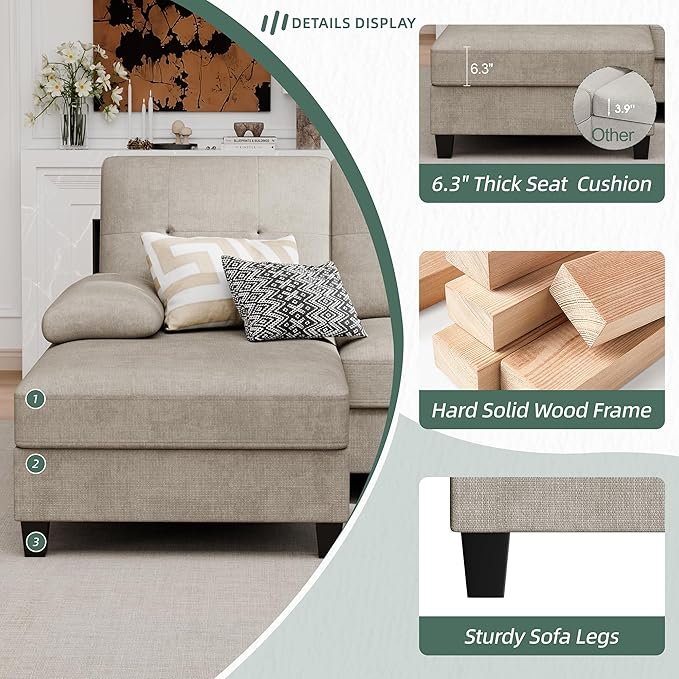 Vongrasig Sectional Couch for Living Room U-Shaped Sofa with Chaise 4-seat Large Sectional Modern Couches for Living Room Apartment (Khaki)