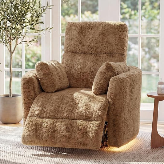 Power Swivel Rocker Recliner for Adults Large Glider Rocking Chair w/ 2 Pillows USB and Type-C Ports Night Light Fluffy Plush Nursery Chair for Living Room BedroomNursery Brown