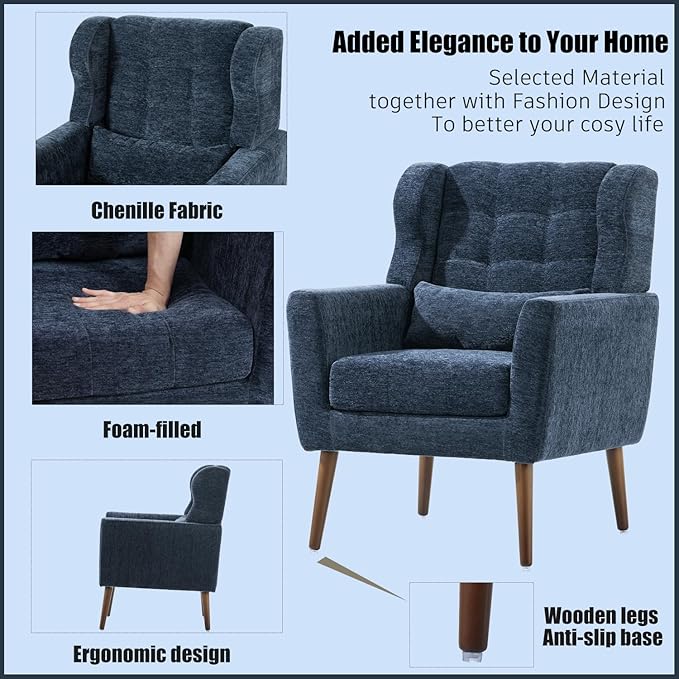 Generic Modern Accent ChairChenille Arm Chairs for Living RoomUpholstered Mordern ArmchairComfy Soft Padded Lounge Chair in Small Space Bedroom w/Pillow Solid Wood Leg (Dark Blue)