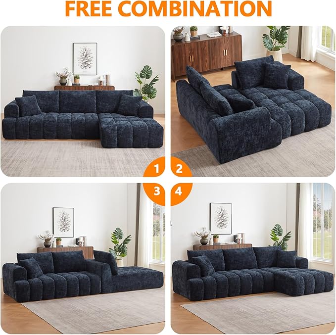 Luxury 108 L Shape Boneless Couches for Living Room Chenille Modular Sectional Cloud Sofa Couch W/Deep Seat &amp Pillows Memory Foam Couch W/Oversized Chaise (Blue Right Facing Chaise)