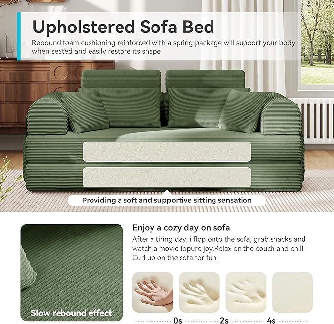 Convertible Folding Couch Bed Comfy Corduroy Sleeper Floor Sofa Bed with Fixed-Shape Frame Floor Sofa with Armrest Lounge Couch for Living Room Bedroom Lounge Studio High Backrest Green