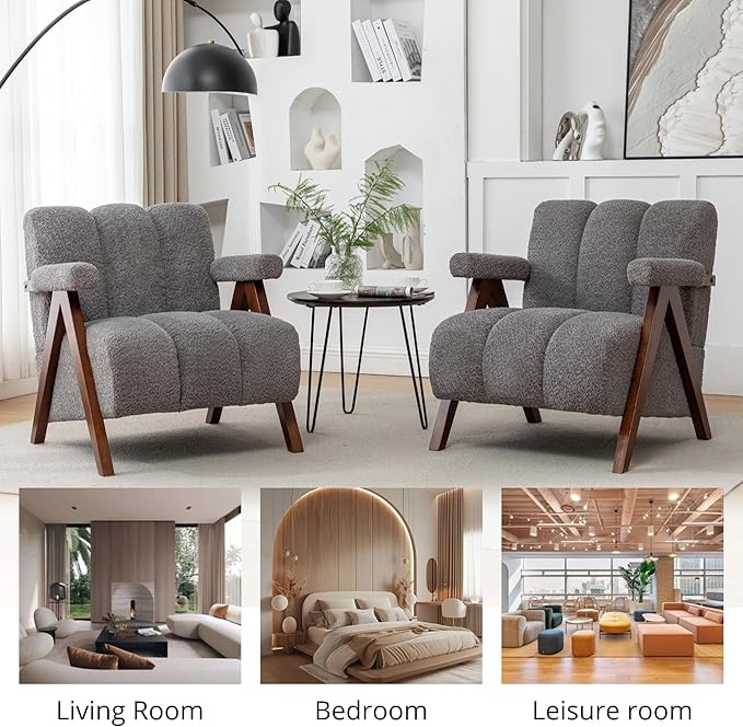 Mid Century Modern Accent Chair with Solid Wood Frame Boucle Upholstered Living Room Chairs with Thick Cushion Comfy Tufted Arm Chair for Bedroom Grey