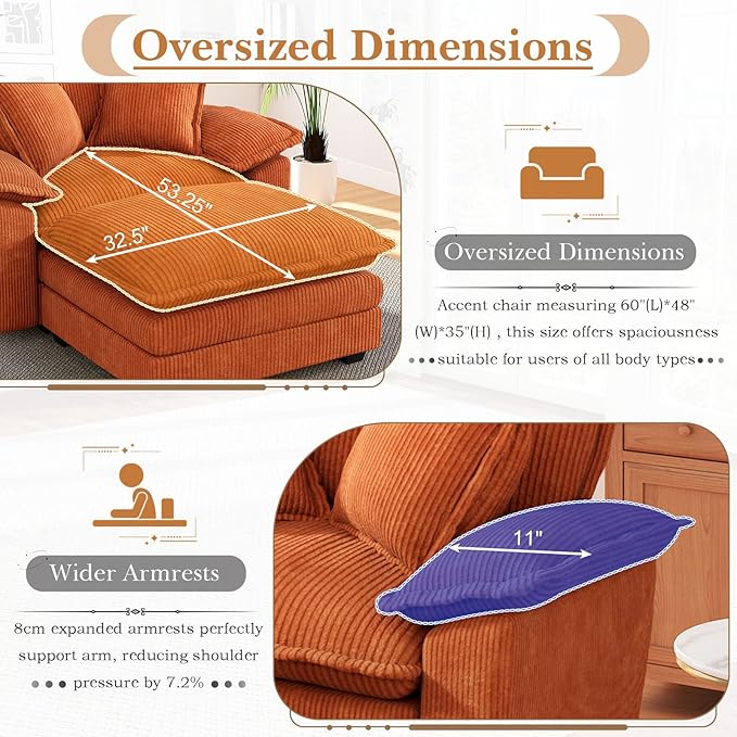 48 W Oversized Chaise Lounge Chair Indoor with Ottoman Upholstered Cloud Accent Chair with Extra Wide Armrests Comfy Green Corduroy Sleeper Chair for Living Room Bedroom Reading (Orange)