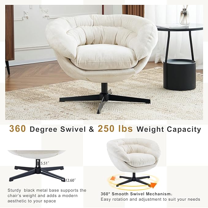 Christopher Knight Home 360° Swivel Club ChairChenille Upholstered Accent Chair with Removable Cushion Round Office Chair with Black Metal BaseBeige