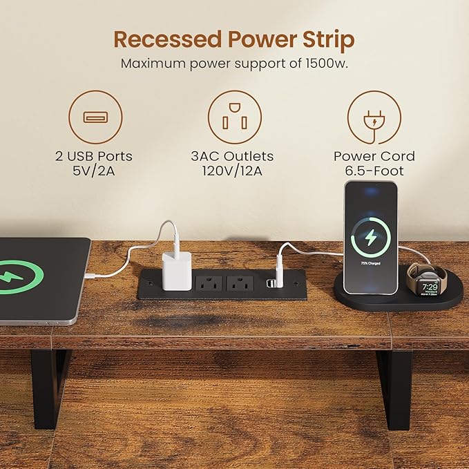 SEDETA 94.5 2 Person Gaming Desk Long Office Computer Desk with 8 Drawers &amp LED Lights Two Person Desk with Storage Power Strip &amp Monitor Stand for Home Office Rustic Brown