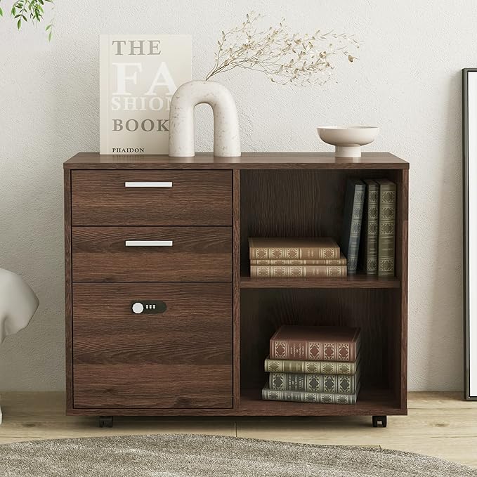 Drawer Wood File Cabinet with Coded Lock Mobile Lateral Filing Cabinet Printer Stand with Open Storage Shelves for Home Office Modern Popular Wood Grain