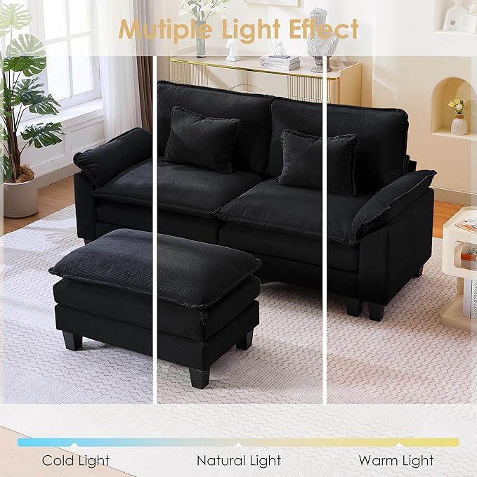 URRED Modular Cloud Couch Sectional Sofa 87 L Shaped Deep Seat Sofa with Ottoman &amp Pillows Ultra Comfy Corduroy Loveseat Sofa for Living Room Apartment or Bedroom Black | Corduroy Fabric