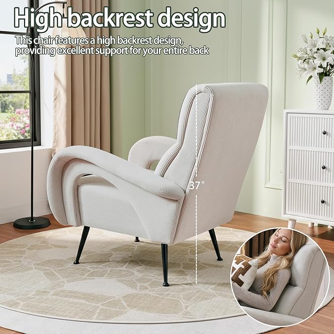 Modern Accent Chair Reading Chair with Corduroy Fabric Upholstered and Hight Backrest Single Sofa Chairs for Living Room Apartment Bedroom and Small Spaces. (Beige)