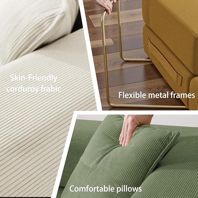 Folding Sofa Bed Convertible Sleeper Sofa Bed with Gold Fixed-Shape Frame Corduroy Floor Couch Lazy Compression Sofa for Living Room Bedroom Home Theater Beige