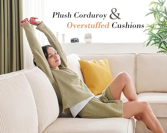 PaPaJet U Shaped Couch 112 Inch Oversized Couch with Storage Chaise Sectional Sofa with Cup Holders &amp 2 USB Ports Corduroy Beige Sofa