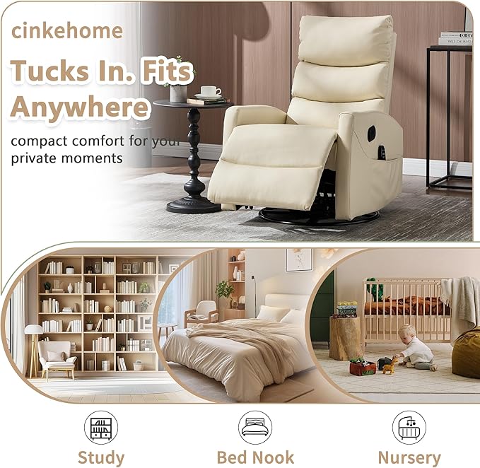 cinkehome Swivel Rocker Recliner Chair Upholstered Nursery Glider Recliner Chair with Heated Massage High Back Side Pocket (Light Yellow PU Leather)