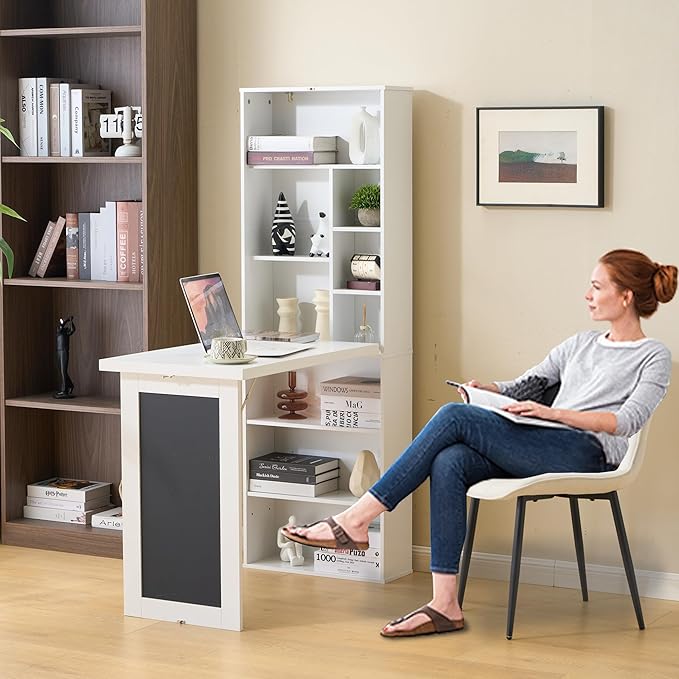 Folding Desk with StorageFoldable Convertible Writing table with Blackboard and ShelvesWall Mount Fold Out Table Cabinet  Space-Saving Murphy Desk Multi-Function Home Office Workstation (White)