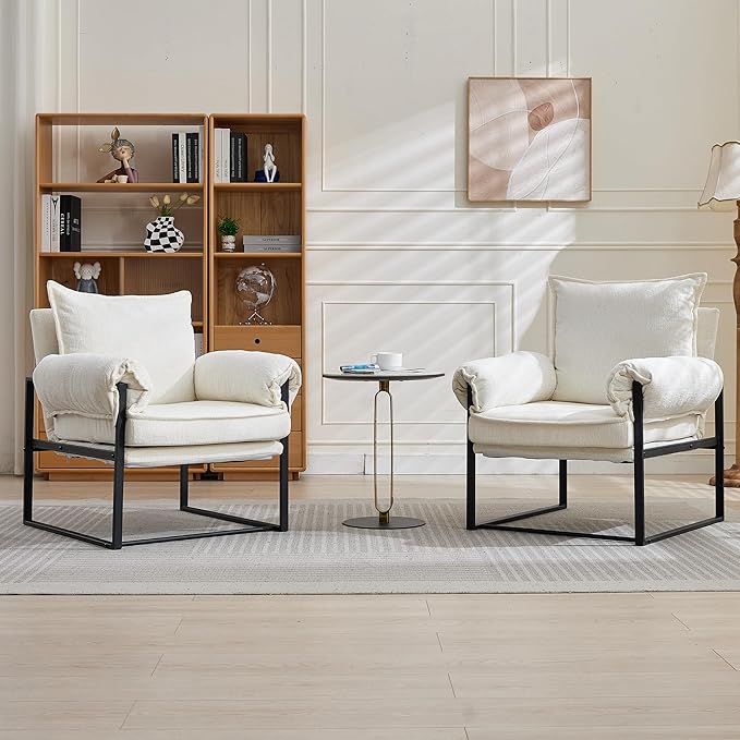 YITAI Modern Fabric Accent Chair with Adjustable Backrest for Living Room Comfy Reclining Chair for Lounge for Reading Upholstered Chair with Metal Legs2PC(White)