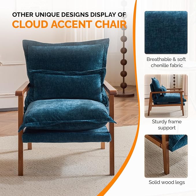VINGLI Mid-Century Modern Cloud Accent Armchair with Lumbar Pillow 6.3'' Thick Seat Cushion Comfortable Reading Chair with Wooden ArmrestsBoho Lounge Chair for Bedroom Living Room Chenille Teal