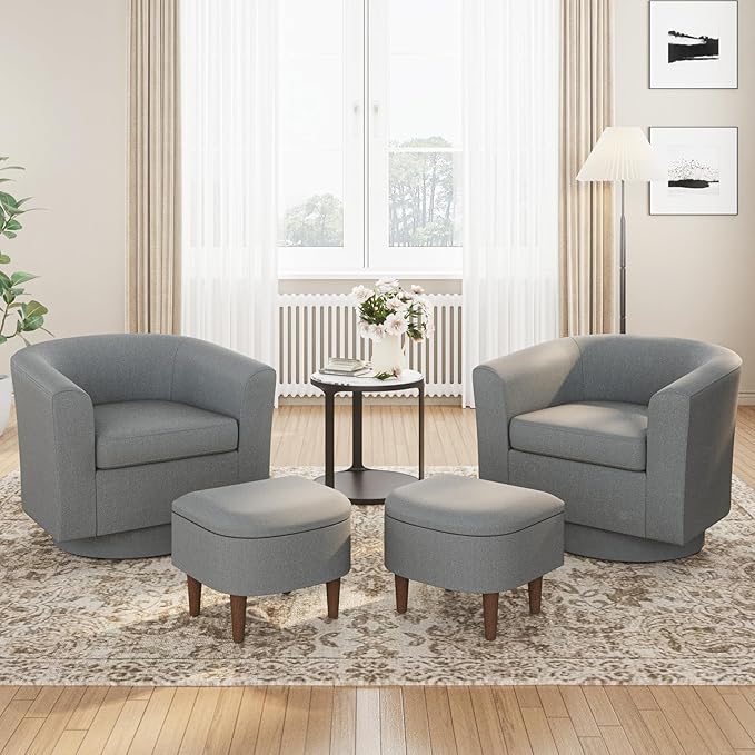 COLAMY Upholstered Swivel Barrel Accent Chair with Ottoman Modern Single Sofa Lounge Armchair Club Chair with Storage Space for Living Room Bedroom OfficeDark Grey