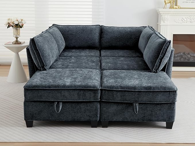 ORRD Sleeper Modular Sectional Sofa Set Convertible Couch Bed with Storage 6 Seater and 4 Armrestes Sofa Modular for Living Room Office (Blue Grey)