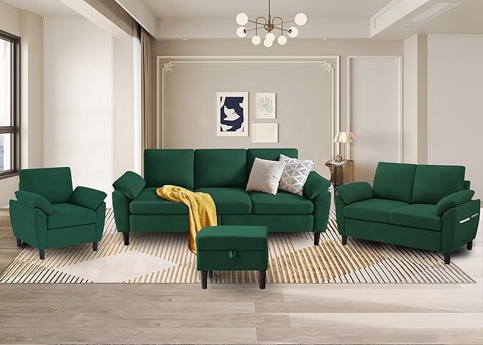 3 Pieces Sectional Sofa Couches Set 3-Seater L Shaped Couch Sofas and Loveseat with Armchair and Storage Ottoman for Living Room Living Room Furniture Set Green