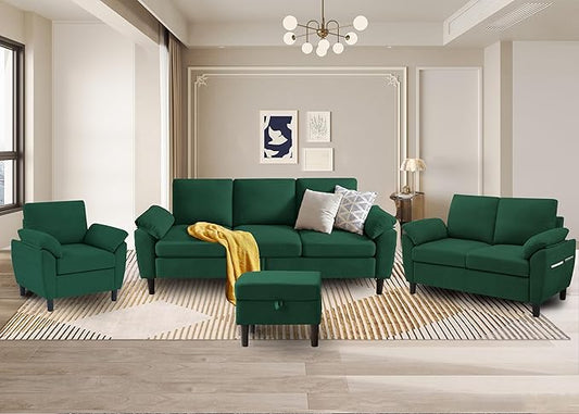 3 Pieces Sectional Sofa Couches Set 3-Seater L Shaped Couch Sofas and Loveseat with Armchair and Storage Ottoman for Living Room Living Room Furniture Set Green
