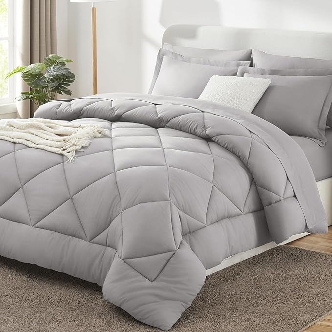 CozyLux Queen Comforter Set French Grey - Bed in a Bag Queen Size 7 Pieces Luxury Soft Bed Set for All Seasons Bedding Set with Down Alternative Comforter Sheets Pillowcases &amp Shams