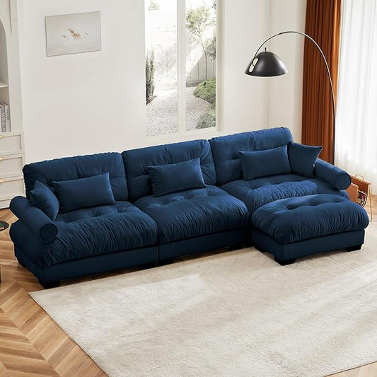 Oversized Velvet Sectional Sofa with Movable Ottoman Deep Seat Cloud Couch for Living Room - Blue