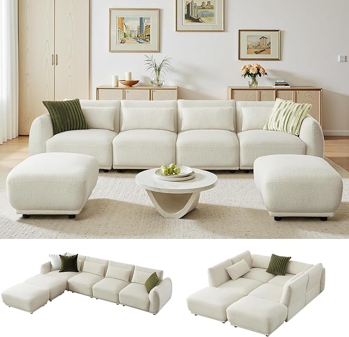 Sectional Sofa Couch Modern U Shaped Sectional Couch with Ottoman Modular Sectional Sofa Cloud Couches for Living Room (Beige 4 Set + 2 Ottoman)