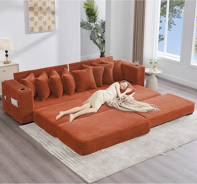 111 Inch Sleeper Sofa Bed | Convertible Cloud Sectional Couches for Living Room | L-Shaped Couch with Cup Holder Side Pocket 8 Pillpws | Orange