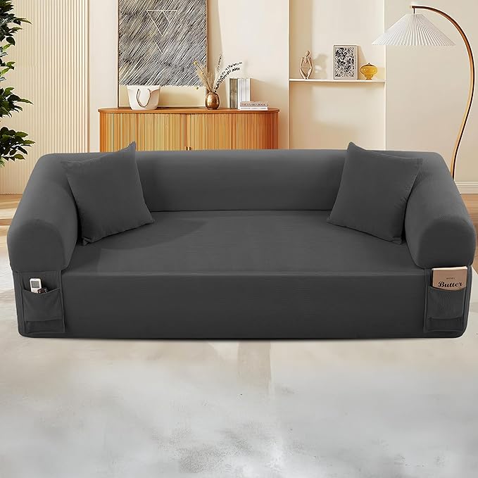 AC Pacific 3-Seater Sofa with Pillows &amp Storage – Low-Profile Hybrid Design Pocketed Springs &amp High-Density Foam Gray Fabric Couch for Living Room Apartment Charcoal
