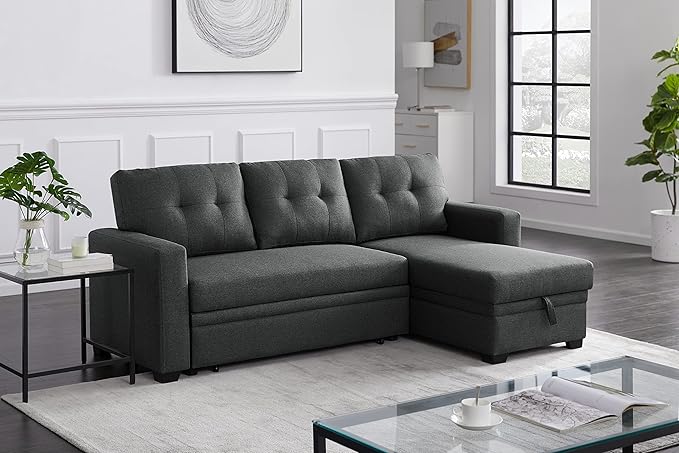 82 Linen Upholstered Pull Out Sectional Sofa with Storage ChaiseLoveseat Couch W/Converted Twin Size Sleeper and Removable Back Cushionsfor DormApartmentStudioOfficeDark Gray 53