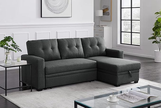 82 Linen Upholstered Pull Out Sectional Sofa with Storage ChaiseLoveseat Couch W/Converted Twin Size Sleeper and Removable Back Cushionsfor DormApartmentStudioOfficeDark Gray 53