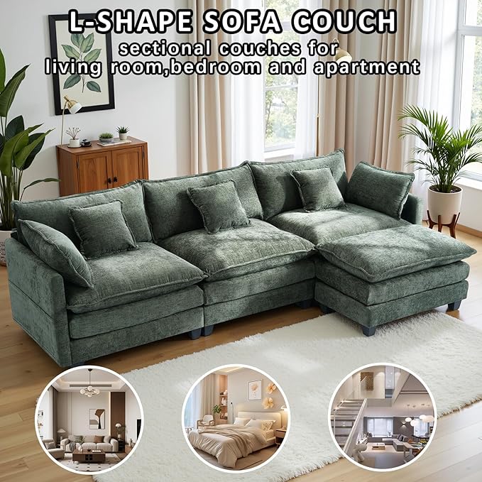 Gexpusm Modular Sectional Sofa108 L Shaped Couches for Living Room3 Seats Sofas with Movable OttomanCloud Sectional Couch with Deep SeatOversized Sleeper Sofa Boneless for BedroomGreen
