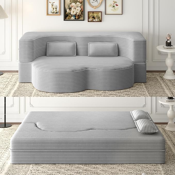 Hommoo Convertible Sleeper Sofa Bed Futon Sofa Folding Mattress Couch Full Size Corduroy 2 in 1 Compression Floor Lounge Couch High Density Foam for Living Room/Guest Room/Apartment Light Grey