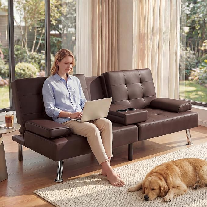 YESHOMY Modern Futon Sofa Bed Convertible Futon Couch with Adjustable Backrest Futon Loveseat Sleeper Sofa Bed with Armrest for Living Room Small SpacesPU Leather Brown