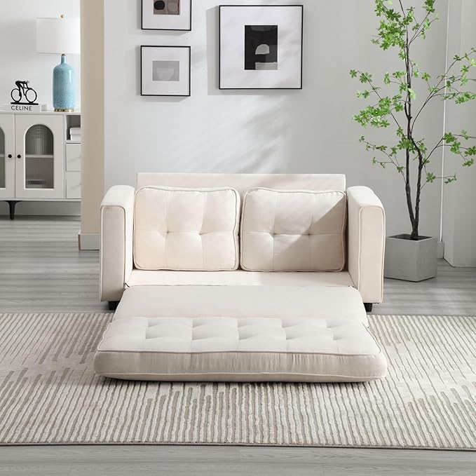 Futon Sofa Bed Convertible Folding Chaise Lounge for Compact Living Studio Bedroom Offices Dorm - Adjustable Pull Out Breathable Small Loveseat (Off White)