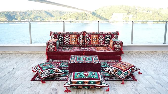 arabicsofa Maroon Arabic Majlis Sofa with Cushions – Modular Loveseat Floor Sofa for Living Room