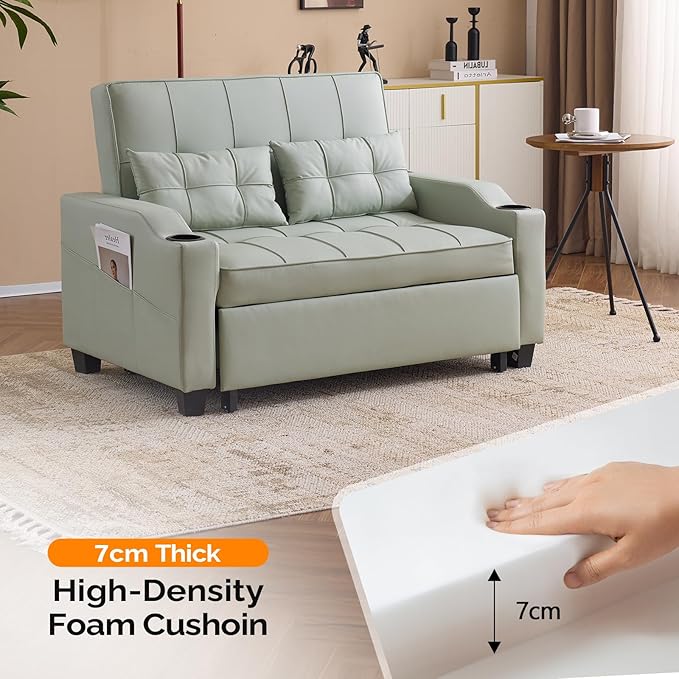 VINGLI Green Futon Sofa Bed Convertible Loveseat Sleeper Couch Faux Leather Pullout Sofa Fold Out Couch Bed with USB Ports Cup Holders Armrest for Living Room Bedroom Apartment Room