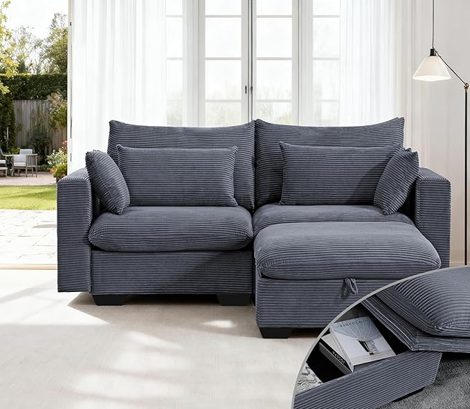 87 Modular Sectional Loveseat Sofa with Storage Ottoman Corduroy 2-3 Seater Couch for Small Spaces Oversized Love Seat Couches for Living Room Bedroom Home Office Sofa with Deep Seats (Dark Grey)